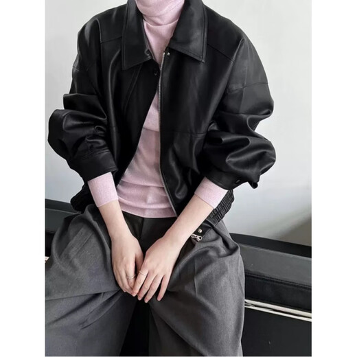 La Chapelle black short leather jacket for women 2025 spring wear small Hong Kong style retro pu leather motorcycle jacket top black M -90-105Jin [Jin equals 0.5 kg]
