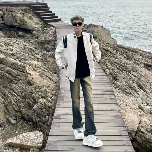 Katuchi American retro splicing jacket jacket men's spring and autumn trendy high-end handsome pilot baseball uniform top clothes white XL