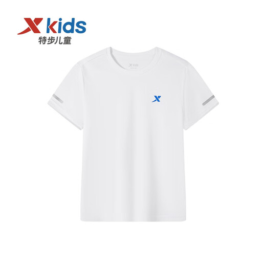XTEP (XTEP) children's clothing for boys and girls solid color round neck reflective strip short-sleeved sweater pearl white 160
