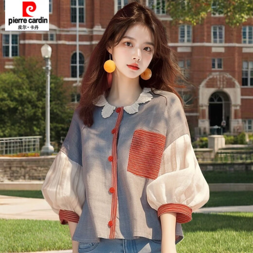 Pierre Cardin 2026 early autumn new shirt niche chic age-reducing blue lantern long-sleeved top picture color L