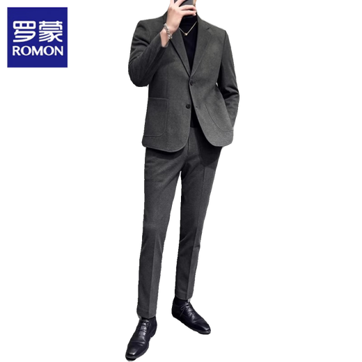 Romon Woolen Suit Jacket Men's Autumn Season New Style Business Formal Casual Thickened Suit Men's Dark Gray Suit M