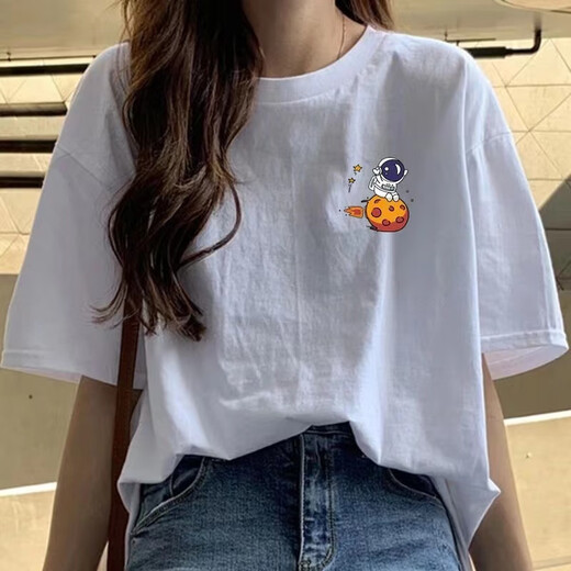 Qiao Junsheng cotton printed loose short-sleeved T-shirt for women Korean style versatile white top 2025 summer white 511 M