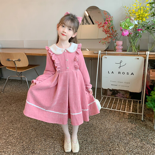 Annie Youer Girls Autumn and Winter Dress 2025 Western Style Children's Clothing Girls Princess Dress Children's Skirt Pink Velvet 100