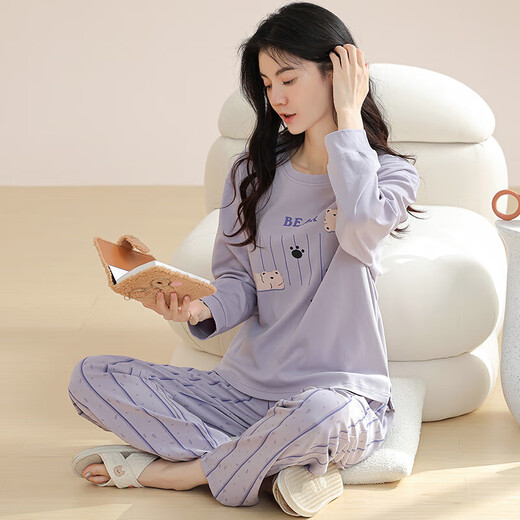 Yalu Pajamas Women's Pure Cotton 2025 New Internet Celebrity Pajamas Women's Spring and Autumn Large Size Long Sleeve Cute Home Clothes Set NSWR-01N9904 L Recommended 100-120 Jin Jin equals 0.5 kg