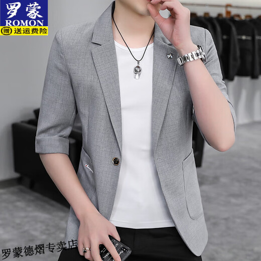 ROMON Summer Thin Small Suit Jacket Men's Trendy Brand Clipart Slim and Stylish Top New Hair Stylist Mid-Sleeve Suit 7219 Mika Color Thin 2XL One Size 2XL (Suggested 135-150Jin [Jin equals 0.5 kg])