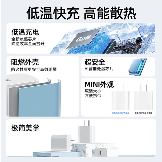 JD.com 20W Apple Charger Set Applicable to Apple 8-14 including Lightning Data Cable Apple 13 Charging Cable GaN iPhone Charger Fast Charging Charging Head