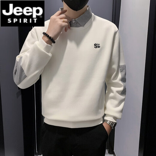 JEEP SPIRIT假两件卫衣男秋冬款针织衫痞帅拼接翻领男装2025新款长袖加绒上衣 1391白色 款 常规 XL 建议150斤内