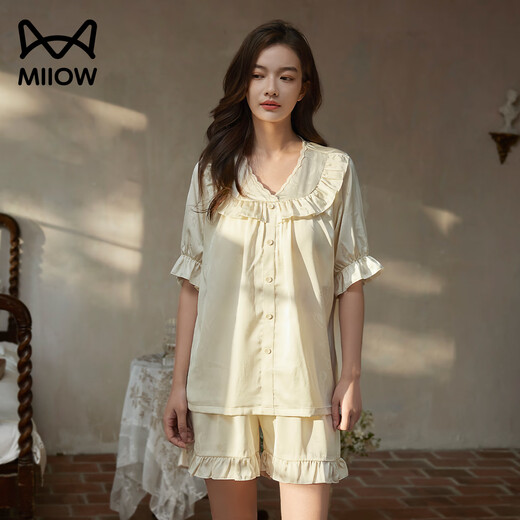 
Cat men women's pajamas with breast pad anti-exposure ice silk two-piece short-sleeved cardigan literary and artistic can be worn outside home clothes