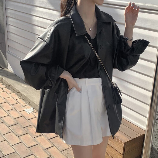 天丂韩式黑色皮衣衬衫女早春宽松百搭仿皮衣夹克外套设计感polo领上衣 黑色M【建议105斤以下】