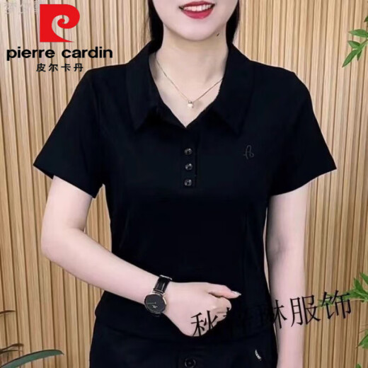 皮尔卡丹（pierre cardin）女士夏季polo衫翻领短袖t恤中年妈妈显瘦运动2025新款遮肚子上衣 9929黑色今年流行的轻奢品牌 2XL 建议130-145斤