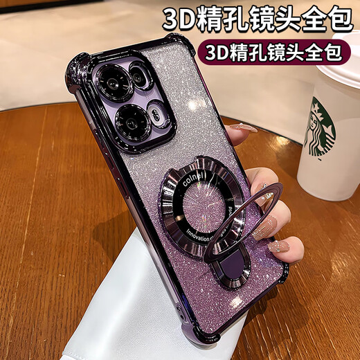 Powom-Glitzerpulver mit Klammer für opporeno13 Neues Handy-Hülle Opporeno14 Lens All-Inclusive Reno11pro Anti-Fall-Airbag Reno910 Advanced 678 Silicon Shell [Space Silber + Flash Card] Metall Magnetic Saug Bracket * Super Airbag Anti-fall Oppo Ren Ren