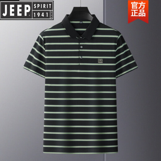 吉普（JEEP）高档夏季条纹T恤衫棉刺绣中年P0LO衫爸爸装现货保罗上衣男士新品 7371-深灰 M 48