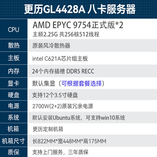 更历 双路epyc9654/9754 A100/A800/H100 八卡深度学习GPU机架式服务器 双路9754 256核心512线程 2.25G Tesla A100 80G 定制显卡*8张