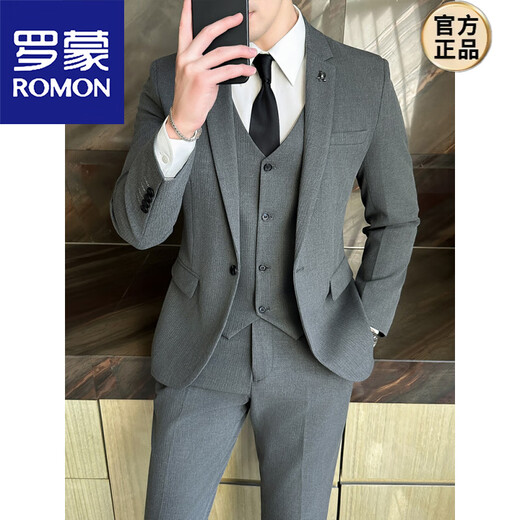 ROMON suit men's suit Korean version slim fit wedding groomsmen dress no ironing business formal three-piece casual suit jacket black suit + vest + pants + shirt waist L (105~120Jin Jin equals 0.5 kg)
