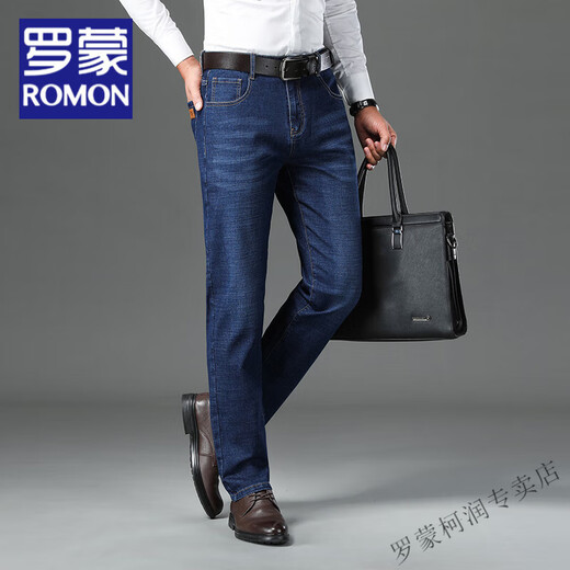 Romon Plus Velvet Tognucted Теплые джинсы для мужского бизнеса растягиваться по прямым ногам повседневных брюк среднего возраста универсальные брюки 9888 Black 32