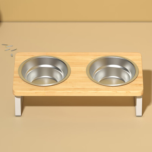 Cat bowl, cat food bowl, dog bowl, cervical vertebra protection, pet cat food bowl, cats are not easy to prevent from overturning, rice bowl and water all-in-one 304 double bowl (including solid wood bowl rack) white base 304 food grade-15 cervical vertebra protection - solid wood