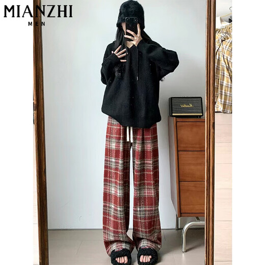 棉致毛呢格子裤子女春秋季新款宽松阔腿高腰运动休闲卫裤 687藏青色【不加绒高品质】 S 80-90斤