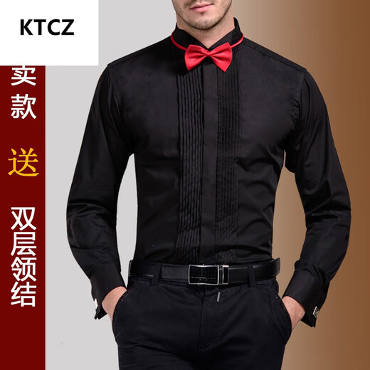 KTCZ男士演出礼服法式衬衫套装舞台大合唱男长袖白色领结衬衣伴郎男 演出专用黑衬衫+领结 43
