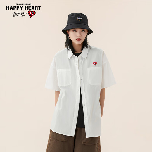 Charles Peach Herz Kurzarm Shirt Herren 2025 Sommer Dünnes Revers Lose Casual Hemd Weiß L.