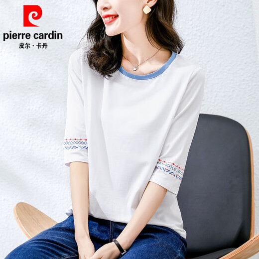 皮尔卡丹（pierre cardin）纯·棉国中袖t恤女士七分袖宽松新中式春秋夏季2025新款上衣 W6205白色+W6172灰粉 XL (建议120-135斤)