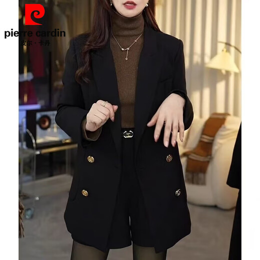 皮尔卡丹黑色双排扣加厚夹棉西装外套女秋冬新款感气质显瘦百搭小西服 黑色   夹棉 L 建议(120-130)斤