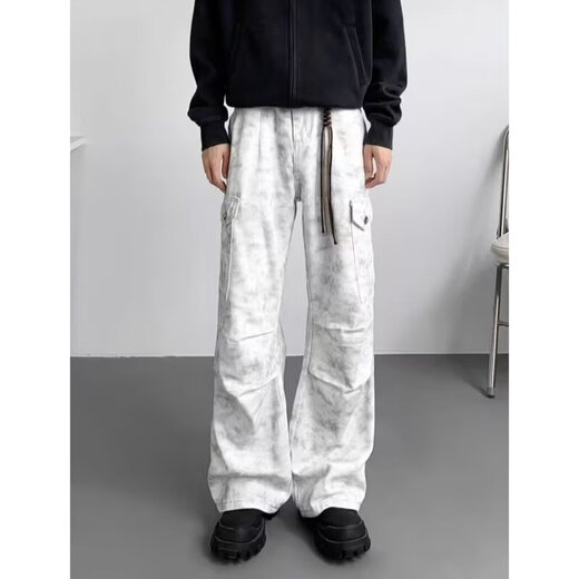 Bo Mingchen pleated casual pants for men in autumn and winter new American multi-pocket overalls handsome loose straight wide-leg pants for men apricot L recommended 120-135 Jin Jin equals 0.5 kg