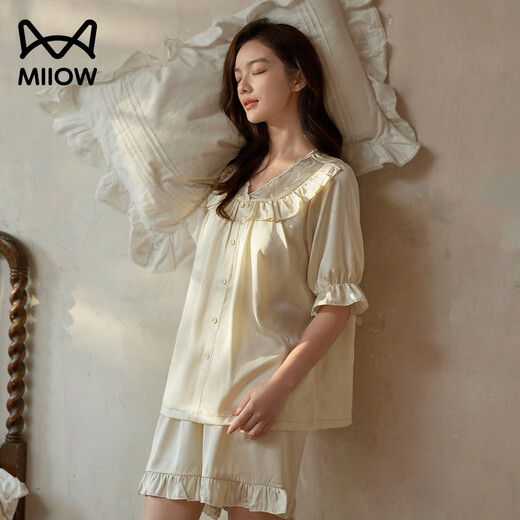 
Cat men women's pajamas with breast pad anti-exposure ice silk two-piece short-sleeved cardigan literary and artistic can be worn outside home clothes