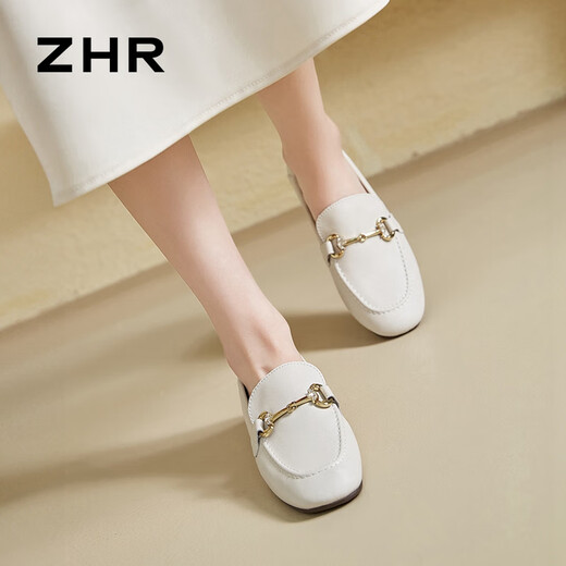 ZHR乐福鞋女春秋通勤风平底小皮鞋女软面一脚蹬单鞋女 AH653 米色 37