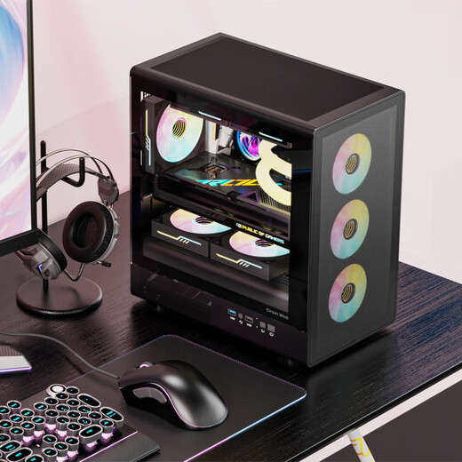 长城魅影M2侧透机箱台式机MATX网孔面板台式电脑主机箱 M2黑色+ARGB风扇(6正2反)