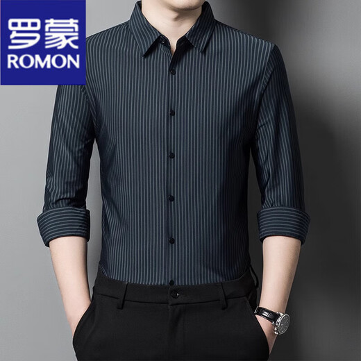 ROMON mulberry silk long-sleeved shirt men's spring and autumn new elastic non-iron striped middle-aged business casual shirt men's Haqing long-sleeved shirt XL 175/41 135-150Jin Jin equals 0.5 kg wear