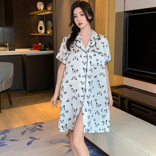 7 SEVFUN 七色纺冰丝睡裙女性感衬衫夏季薄款凉感睡衣纯欲仿真丝均码家居服睡裙 11972 冰丝性感碎花裙 均码 (建议体重80-135斤）