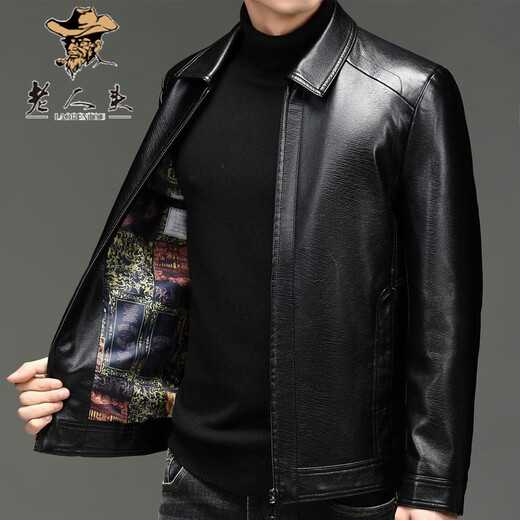 Old man's head (LRT) leather jacket autumn and winter middle-aged jacket men's leather jacket business casual dad wear plus velvet thickened warm stand-up collar leather jacket FE1755 black regular M 170