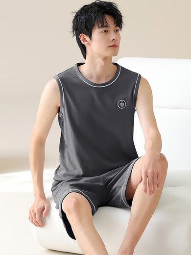 睡衣男夏季纯棉无袖背心夏天青少年大码男士薄款休闲家居服套装 YDY13658 XL码(推荐120-140斤) 均码