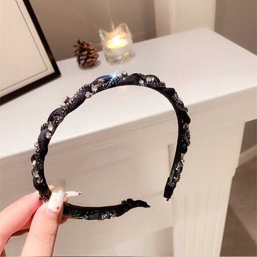 Xianyi black high-end hairband, thin style, 2025 new style headband, high-end braided hairpin, French fashion headwear, black rhinestone thin edge hairband
