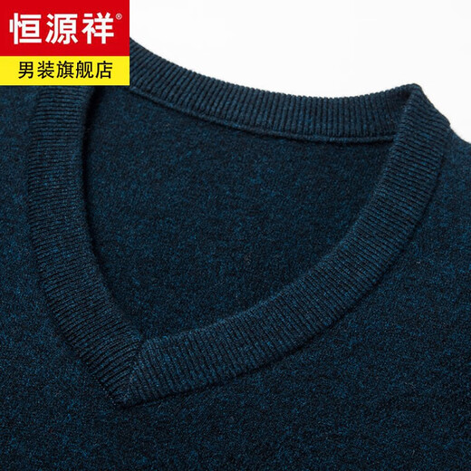 恒源祥半精纺可机洗100%羊毛衫男士保暖中青年V领特厚款套头毛衣针织衫 墨兰【100%绵羊毛550克】 2XL 180