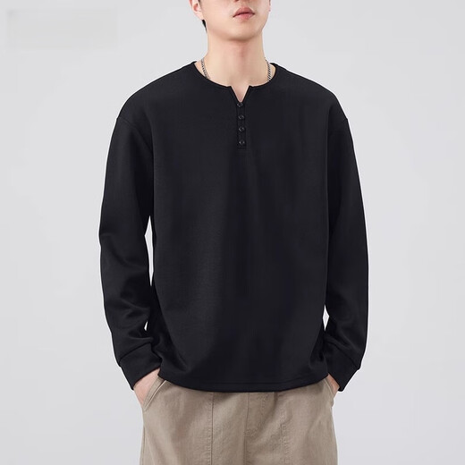 Jeanswest 2025 Henry collar black men's long-sleeved T-shirt autumn and winter tops autumn and winter sweatshirt men's inner layering shirt men black M