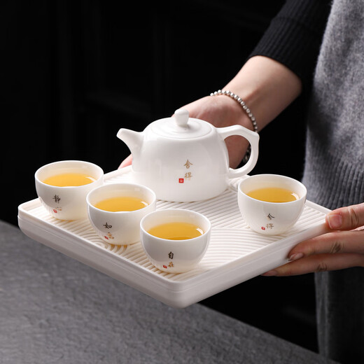 Fat Donglai's same style one pot and four cups teapot set mutton fat jade porcelain Kung Fu tea set small set home tea table tea tray mutton fat jade porcelain one pot two cups (meditation) + rectangular plate