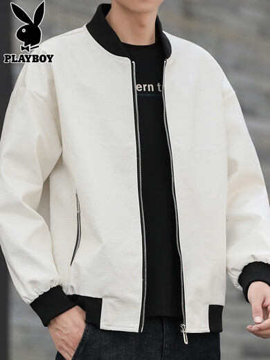 Playboy (PLAYBOY) motorcycle leather jacket men's 2025 spring trendy brand handsome baseball uniform casual jacket men's YH22 black XL