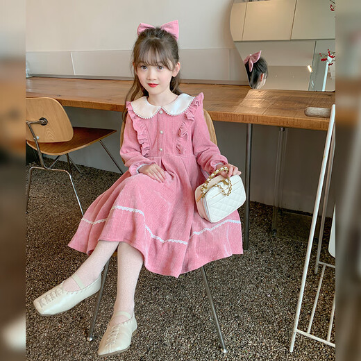 Annie Youer Girls Autumn and Winter Dress 2025 Western Style Children's Clothing Girls Princess Dress Children's Skirt Pink Velvet 100