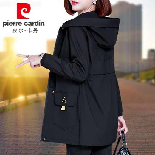 Pierre Cardin mit mittlerer Länge Windbrecherjacke für Frauen im Frühjahr und Herbst 2025 neue Mutter mittleren Alters modischer altersreduzierender Kapuze-Plüsch-Außenbekleidung rot [Frühling und Herbst-kein Velvet] 3xL-Code 丨 Vorgeschlagen 140-155jin [Jin gleich 0,5 kg]