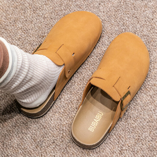 Ella disfruta de zapatos Baotou Birkenstock para mujeres con desgaste de cuero de imitación y mujeres versátiles con medio tirón y pedaleo TQ671 Caki 40/41