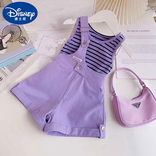 Disney Girls Summer Overalls Set dünne Schlinge Shorts 2025 Neue modische super süße kleine und mittlere Kinderweste lila Ärmeln + One-Shoulder-Overalls 110 für 4-5 Jahre empfohlen