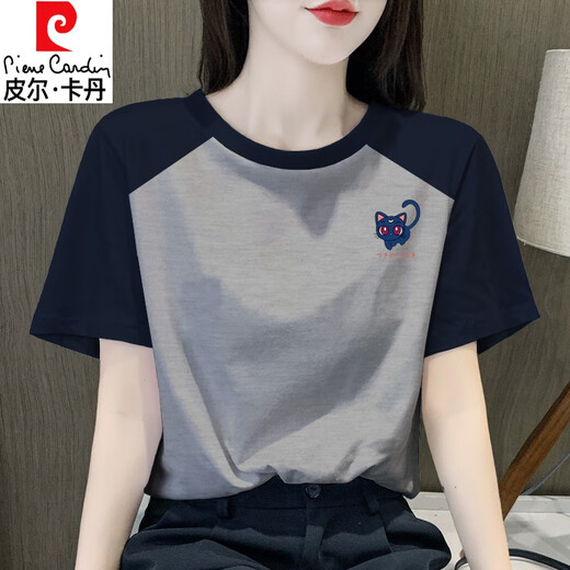 Pierre cardin retro raglan women's short-sleeved T-shirt 2025 summer new pure cotton t-shirt design niche top fashionable and slim 1476 flower gray/rotto blue raglan short-sleeved (black XL