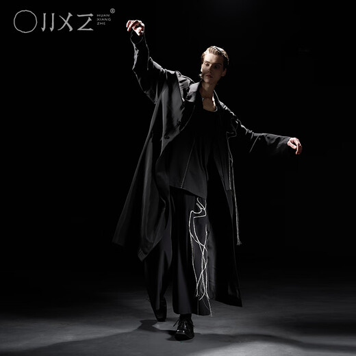 Illusionist 2025 spring new original design embroidered long windbreaker loose silhouette drape men's jacket black M