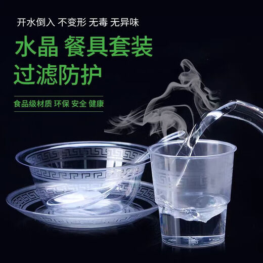 Disposable bowls, chopsticks, plates, cups and spoons set tableware thickened and hardened aviation environmental protection outdoor travel camping hotel banquet 5 sets 5 pairs of disposable chopsticks