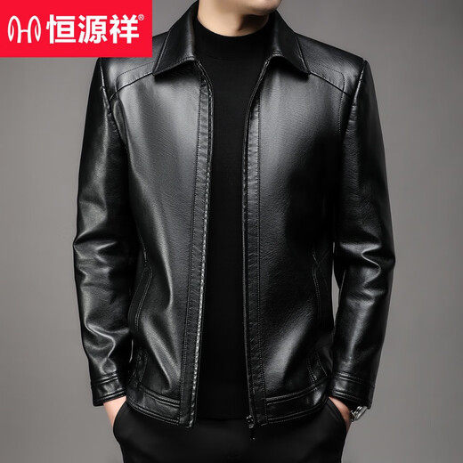 恒源祥高端男装春秋软皮皮衣中年男士商务休闲翻领夹克外套爸爸装上衣 黑 1755 春秋款 翻领  常规 M 170 100-120斤