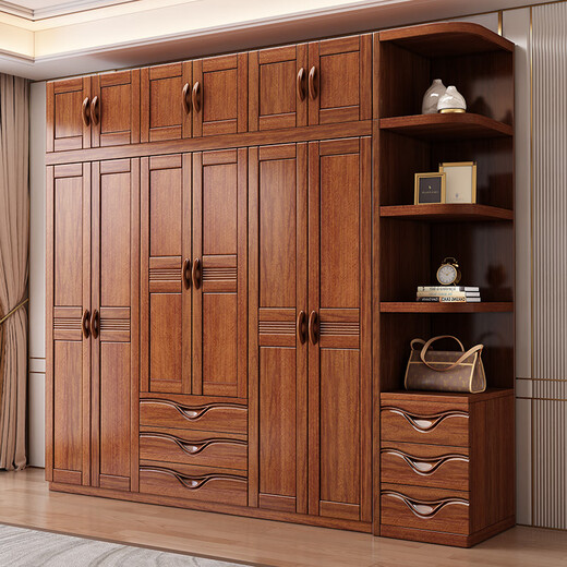 Hexi walnut solid wood wardrobe home bedroom furniture storage modern Chinese large wardrobe combination wardrobe economical walnut six-door wardrobe