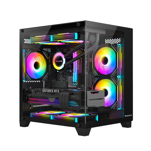 Huntkey S900 Sandstorm Panoramic Edition Sea View Room Chassis Desktop-Computergehäuse (doppelseitiges gehärtetes Glas/linke und rechte Trennwände/240 Wasserkühlung/7 Lüfterpositionen/M-ATX-Motherboard) S900 Sandstorm-Panoramic Edition-Schwarz
