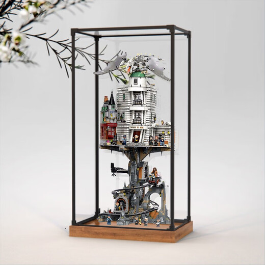 Acrylic display box suitable for LEGO 76417 Gringotts Harry Potter Wizard Bank building block dust cover box alloy frame and elevated wood grain base