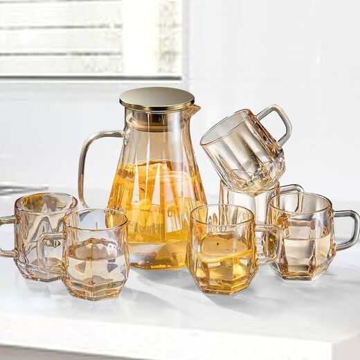 Cup set for home living room high-end high temperature resistant diamond advanced teapot glass cup living room kettle cup amber 1 pot + 6 cups + cup holder + tray default